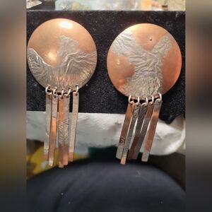Signed Artisan Vintage Copper Eagle Dangle Earrings Southwestern‎ Boho